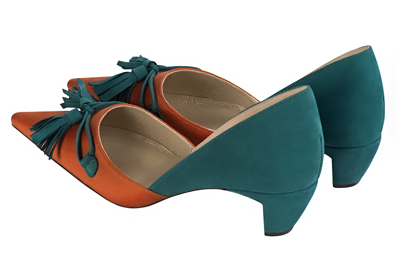 Clementine orange and peacock blue women's open arch dress pumps. Pointed toe. Low comma heels. Rear view - Florence KOOIJMAN